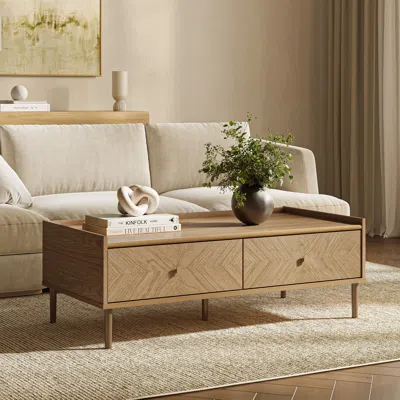 Luxenhome Nari Japandi Wood Coffee Table 2 Drawers And Open Storage, 47"w In Brown