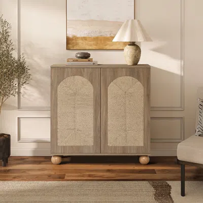 Luxenhome Natural Finish Engineered Wood Storage Cabinet Withround Ball Legs, 16" In Brown