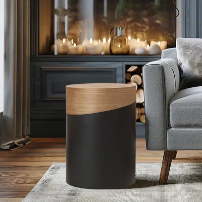 Luxenhome Natural Wood And Metal Round Accent Side Table In Multi