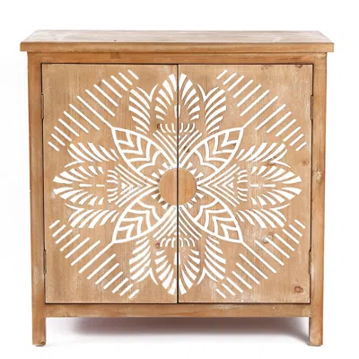 Luxenhome Natural Wood Floral Carved Accent Cabinet With Storage Rustic In Brown