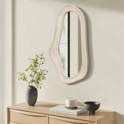Luxenhome Natural Wood Framed Oval Irregular Wall Mirror In Nude