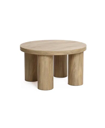 Luxenhome Oak Finish Manufactured Wood Round Coffee Table With 4 Pillar Legs In Oak Wood