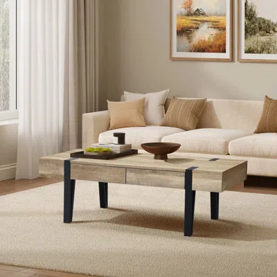 Luxenhome Oak Finish Mdf Wood Black Metal 2-drawer Coffee Table In Brown
