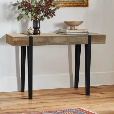 LUXENHOME OAK FINISH MDF WOOD BLACK METAL CONSOLE ENTRY TABLE