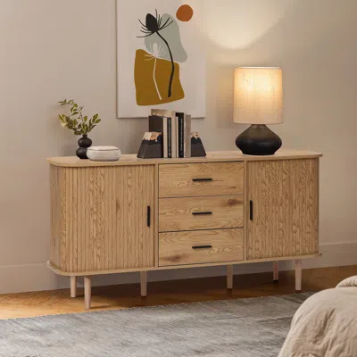 Luxenhome Oak Sideboard Cabinet With Drawers And Sliding Doors, Mid Century Modern Storage In Brown