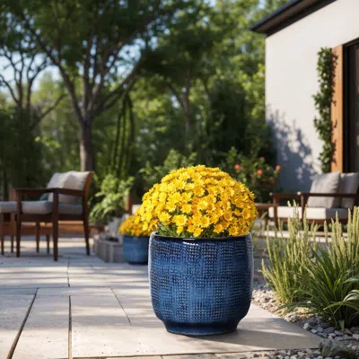 Luxenhome Ocean Blue Glazed Round Ceramic Planter, 11.22" H