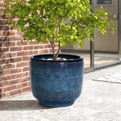 Luxenhome Ocean Blue Glazed Round Ceramic Planter, 13.98" H