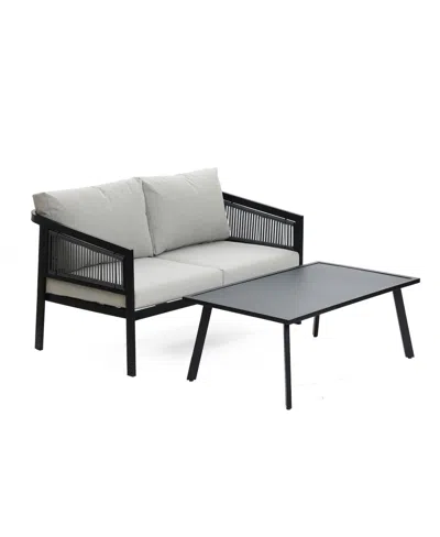 Luxenhome Outdoor Black Steel With Pe Rattan Loveseat With Cushions And Coffee Table Set In Black,gray