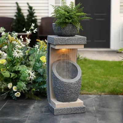 Luxenhome Outdoor Waterfall Fountains With Planter – Gray Resin With Led Lights