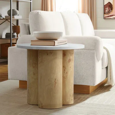 Luxenhome Pedestal Side Table With Burl Cylindrical Legs, Faux Marble In Neutral