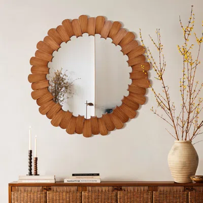 LUXENHOME PINE WOOD FRAME ROUND WALL MIRROR