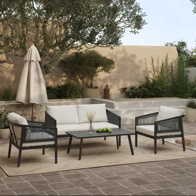 Luxenhome Pismo Black Steel & Pe Rope Outdoor Conversation Set, 2 Armchairs, 1 Coffee Table, 1 Loveseat