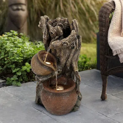 Luxenhome Pots Outdoor Fountain With Led Lights – Brown Resin Farmhouse Tree Design