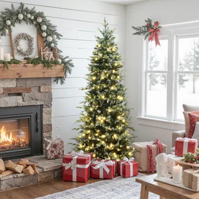 Luxenhome Pre-lit Artificial Pine Christmas Tree With Stand, 6.5ft In Green