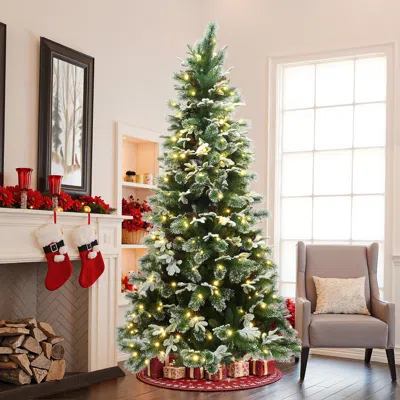 Luxenhome Pre-lit Christmas Snow-flocked Christmas Tree, 7.5ft In Green