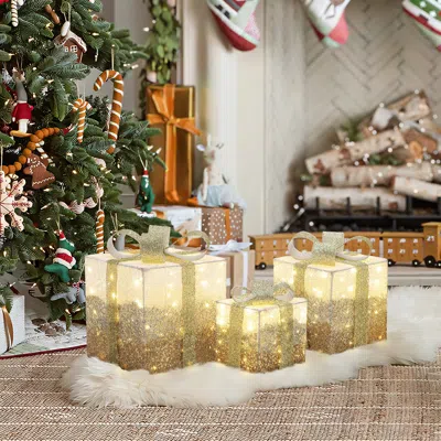 Luxenhome Pre-lit Christmas White Crackle Gift Box Decor, Set Of 3 In Gold