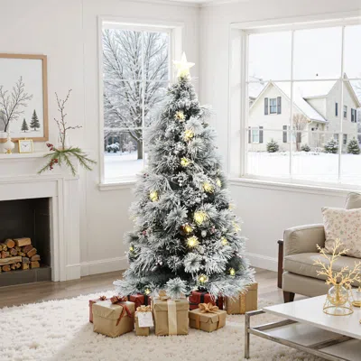 Luxenhome Pre-lit Fiber Optic Flocked Pine Christmas Tree,6ft In Green