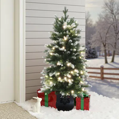 Luxenhome Pre-lit Flocked Artificial Christmas Tree In Pot, 4ft In Green