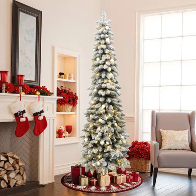 Luxenhome Pre-lit Flocked Artificial Christmas Tree With Base, 7ft In Green