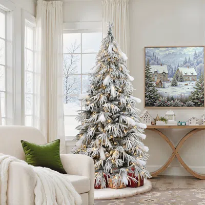 Luxenhome Pre-lit Flocked Artificial Christmas Tree With Stand，6.5ft In White