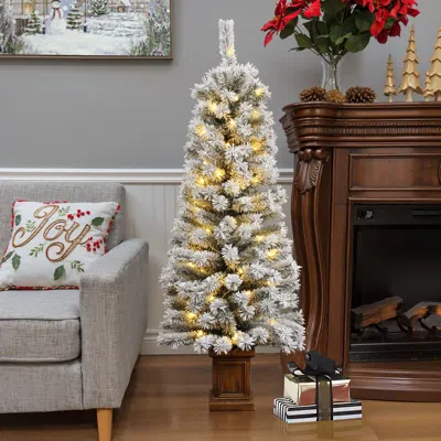 Luxenhome Pre-lit Flocked Artificial Fir Christmas Tree In Pot, 5ft In White