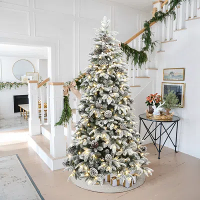 Luxenhome Pre-lit Flocked Artificial Pine Christmas Tree, 7ft In White