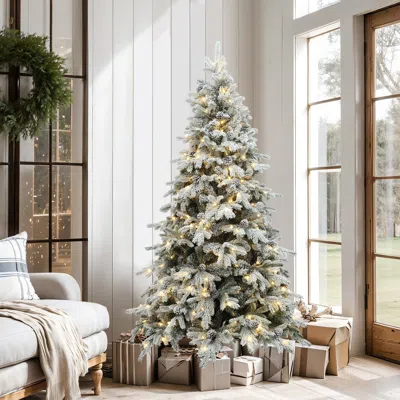 Luxenhome Pre-lit Flocked Artificial Pine Christmas Tree，6.1ft In White