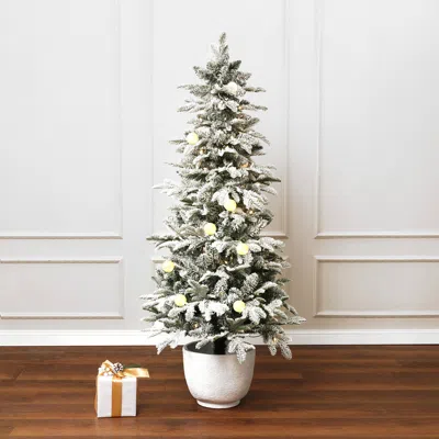 Luxenhome Pre-lit Flocked Artificial Tree Christmas With Potted,5ft In White