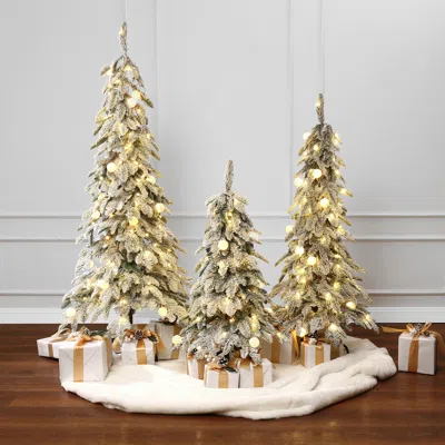 Luxenhome Pre-lit Flocked Christmas Trees With Metal Stand,set Of 3 In White