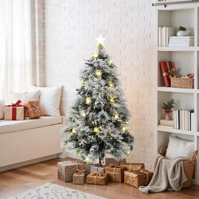 Luxenhome Pre-lit Flocked Fiber Optic Christmas Tree,5ft In Green
