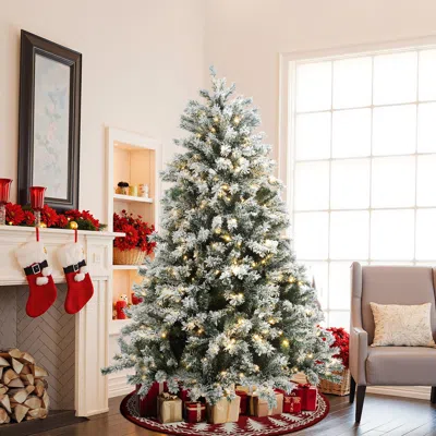 Luxenhome Pre-lit Flocked Full Fir Artificial Christmas Tree, 6ft In Green