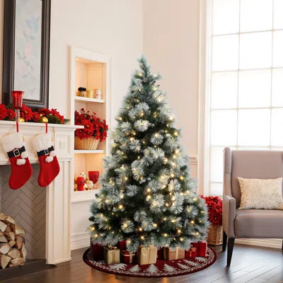 Luxenhome Pre-lit Flocked Pine Christmas Tree With Metal Stand,6ft In Green