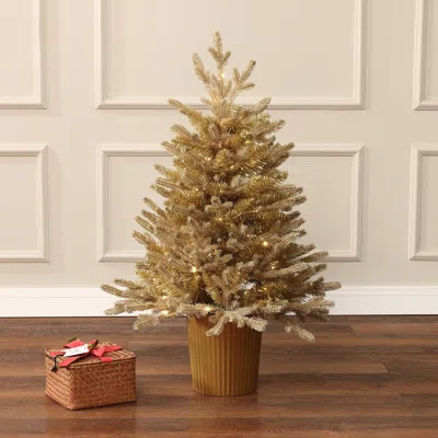 Luxenhome Pre-lit Gold Branches Pine Christmas Tree With Pot,3ft In Brown