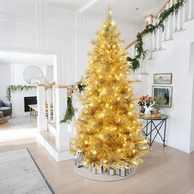 Luxenhome Pre-lit Gold Tinsel Pine Christmas Tree With Stand,,7.5ft In Yellow