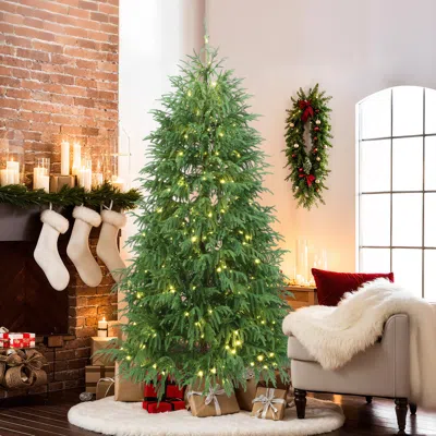 Luxenhome Pre-lit Green Artificial Cedar Christmas Tree With Stand, 7ft