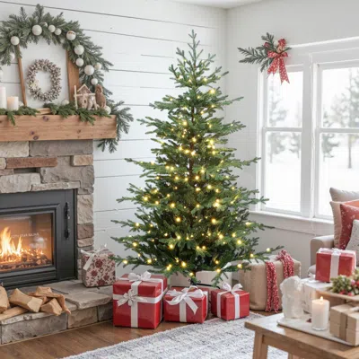Luxenhome Pre-lit Green Artificial Fir Christmas Tree With Stand, 6ft