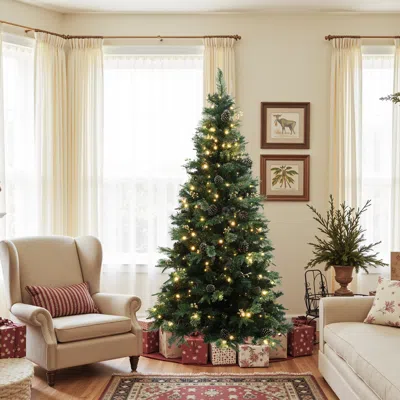 Luxenhome Pre-lit Green Artificial Pine Christmas Tree With Base, 6.5ft