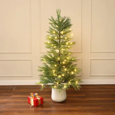 Luxenhome Pre-lit Green Christmas Branches Tree With Potted,4.5ft