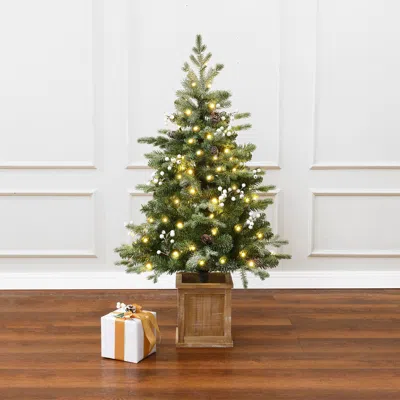 Luxenhome Pre-lit Green Christmas Pine Tree With Wood Pot,3.9ft