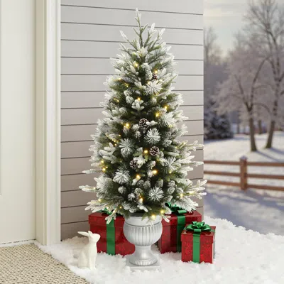 Luxenhome Pre-lit Green Christmas Tree With Light Faux Snow,4.5ft