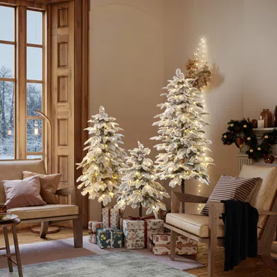 Luxenhome Pre-lit Green Christmas Tree With Lights Faux Snow- Set Of 3 In Gold