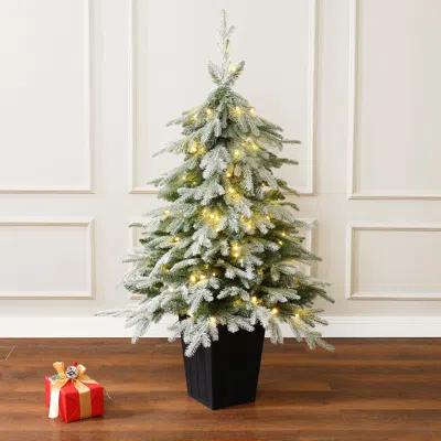 Luxenhome Pre-lit Green Flocked Artificial Christmas Tree Potted,4.4ft In Multi