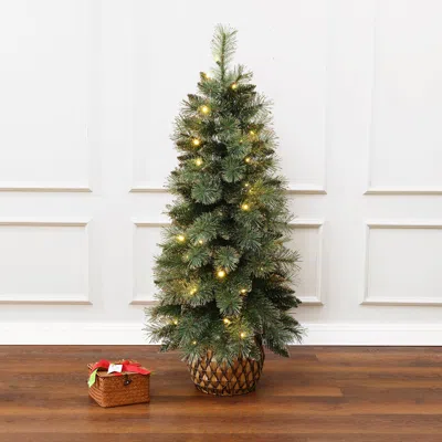 Luxenhome Pre-lit Green Full Christmas Tree Potted,3.9ft