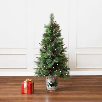 Luxenhome Pre-lit Green Pine Christmas Tree With Potted,4ft