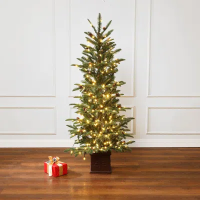 Luxenhome Pre-lit Green Pine Christmas Tree With  Square Pot,5ft