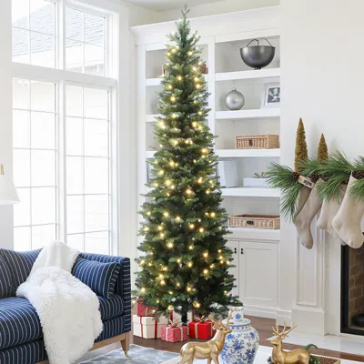 Luxenhome Pre-lit Green Slim Christmas Tree With Metal Stand,7ft