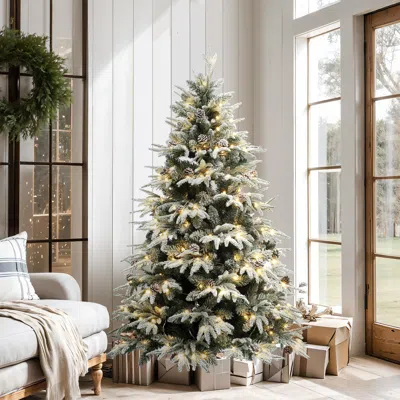 Luxenhome Pre-lit Green Snowy Christmas Tree With Stand,7ft In White