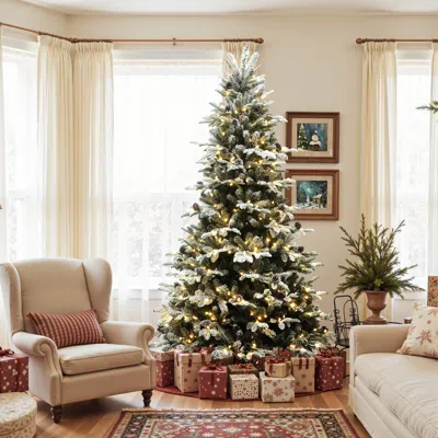 Luxenhome Pre-lit Lightly Flocked Christmas Tree With Stand,7.5ft In Green
