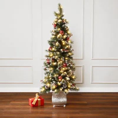 Luxenhome Pre-lit Pine Christmas Tree With Snowflake Potted,5ft In Multi