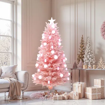 Luxenhome Pre-lit Pink Flocked Fiber Christmas Tree ,6ft